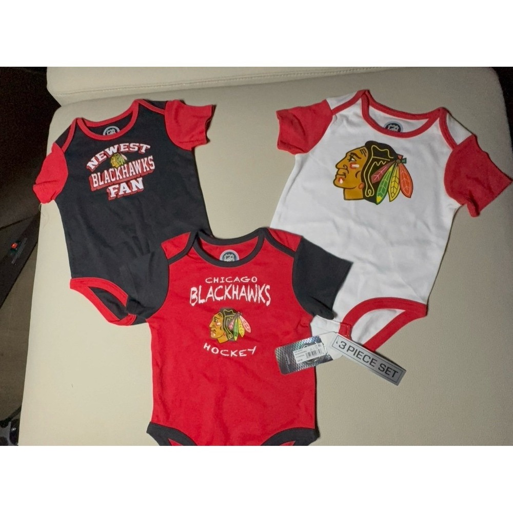 THREE Baby boy size 12 months NHL Chicago Blackhawk hockey short sleeve onesies.